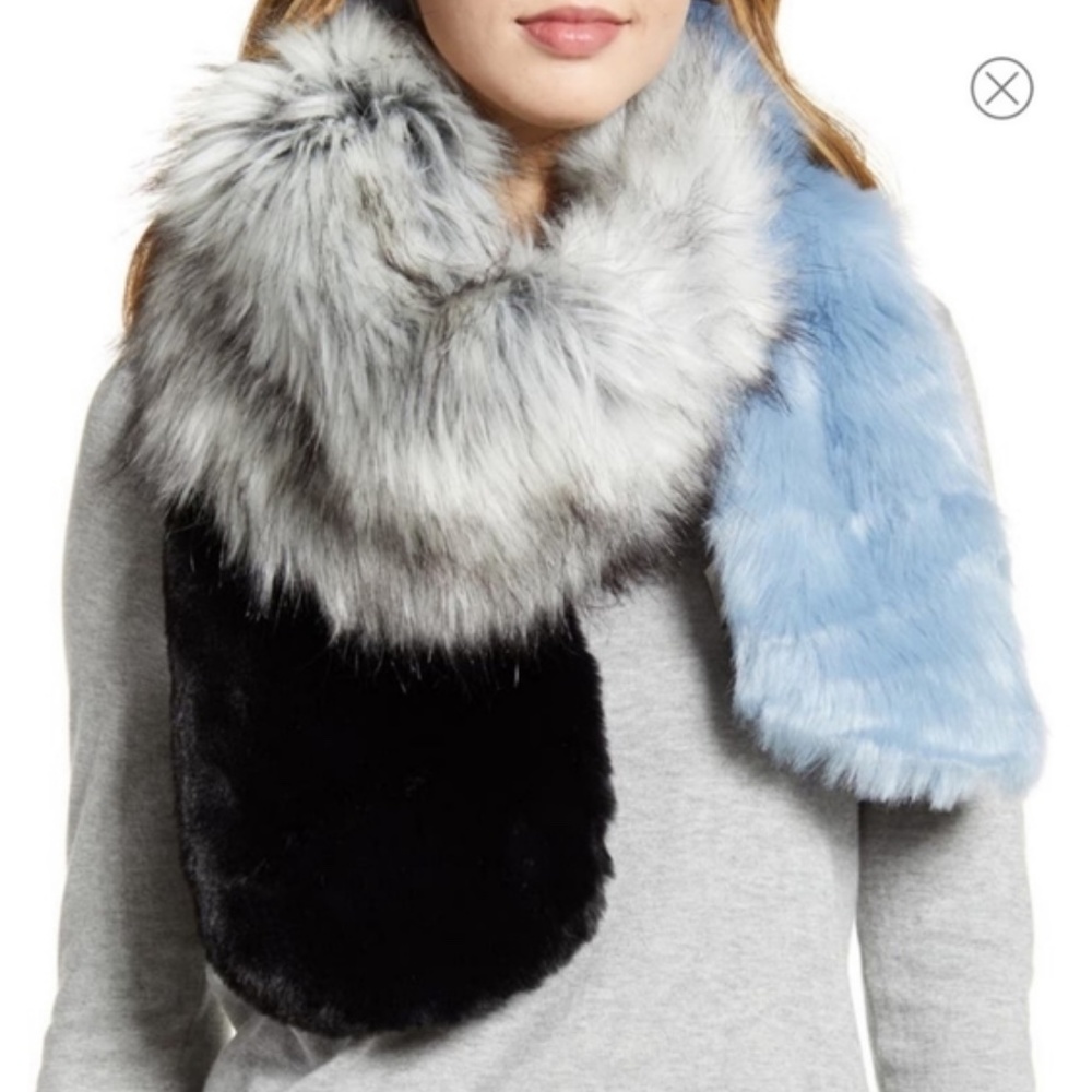 NORDSTROM HALOGEN Silver Blue Black Plush Faux Fur Stole Scarf 72" x 8"
